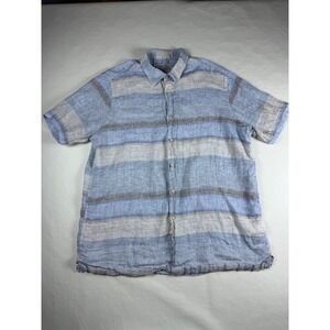 Tasso Elba Mens Large 100% Linen Short Sleeve Button Down Striped Shirt Blue L